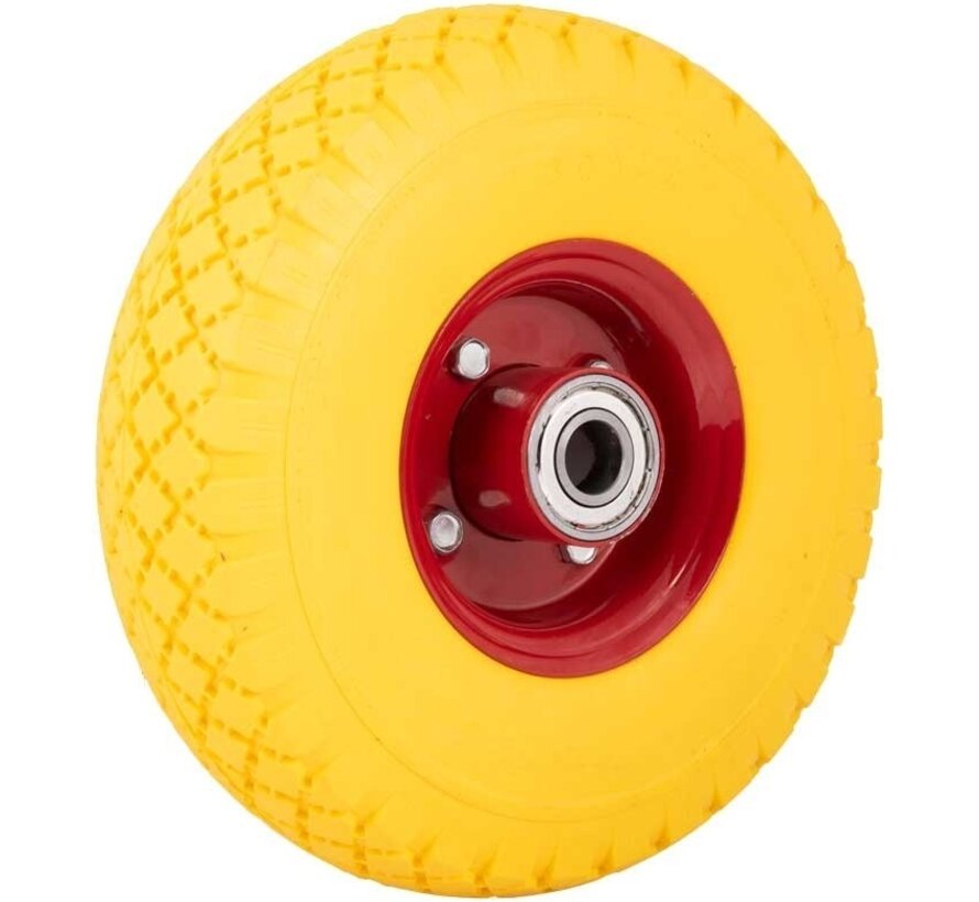 Steekwagenwiel / Bolderkarwiel 3.00-4  - Anti lek (PU)  Metalen Velg, Geel/Rood - Kogellager, Draagvermogen 125kg -