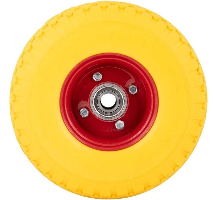 Steekwagenwiel / Bolderkarwiel 3.00-4  - Anti lek (PU)  Metalen Velg, Geel/Rood - Kogellager, Draagvermogen 125kg -
