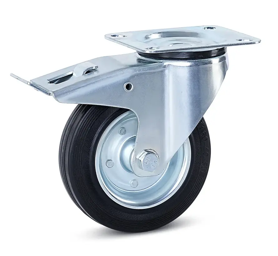 Reukloos rubber zwenkwiel geremd met topplaat - 160mm - 150kg