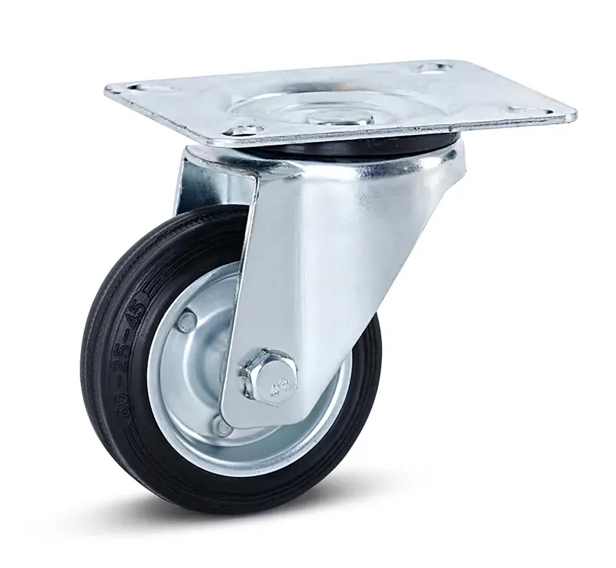Reukloos rubber zwenkwiel met topplaat - 80mm - 70kg