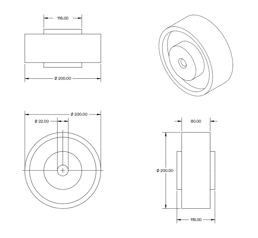 Breed rubber wiel - 200mm - 600kg