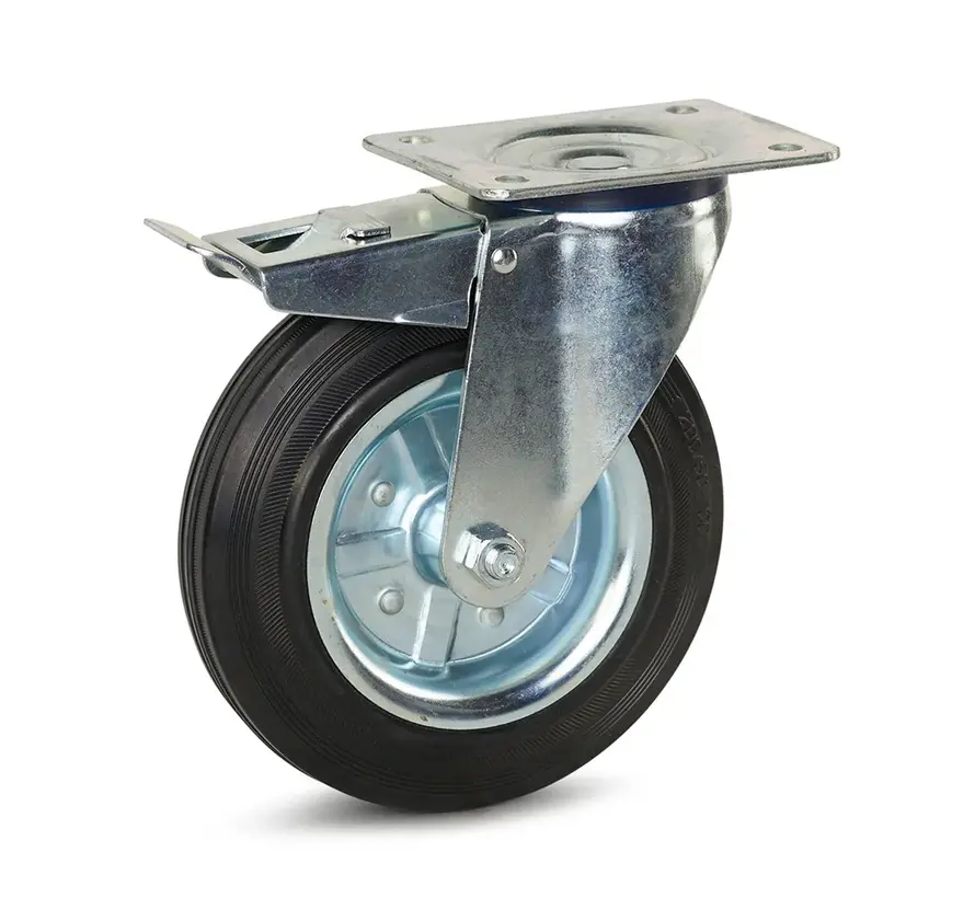 Rubber zwenkwiel geremd met topplaat - 200mm - 180kg