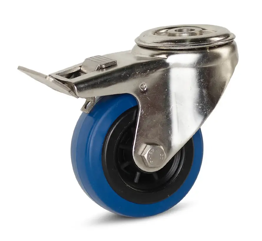 Elastisch rubber RVS zwenkwiel geremd met centraal - 80mm - 80kg