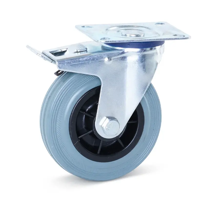 Grijs rubber zwenkwiel geremd met topplaat - 125mm - 100kg - Streeploos C