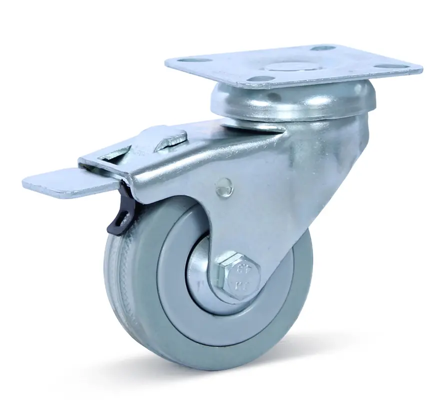 Grijs rubber zwenkwiel geremd met topplaat- 50mm - 50kg