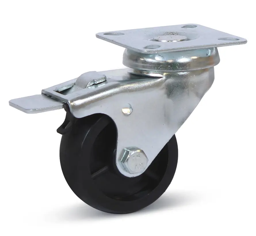 Zwart PP zwenkwiel geremd met topplaat - 50mm - 50kg