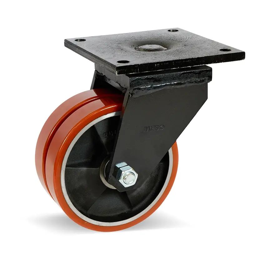 Dubbel PU extra zwaarlast zwenkwiel met topplaat - 200mm - 2200kg
