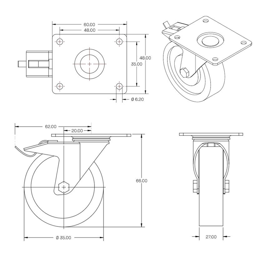 PU zwenkwiel geremd met topplaat - 35mm - 100kg