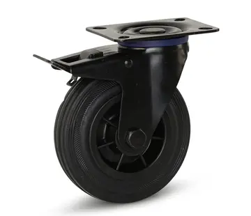 MESO Zwart rubber zwenkwiel geremd met topplaat - 125mm - 150kg