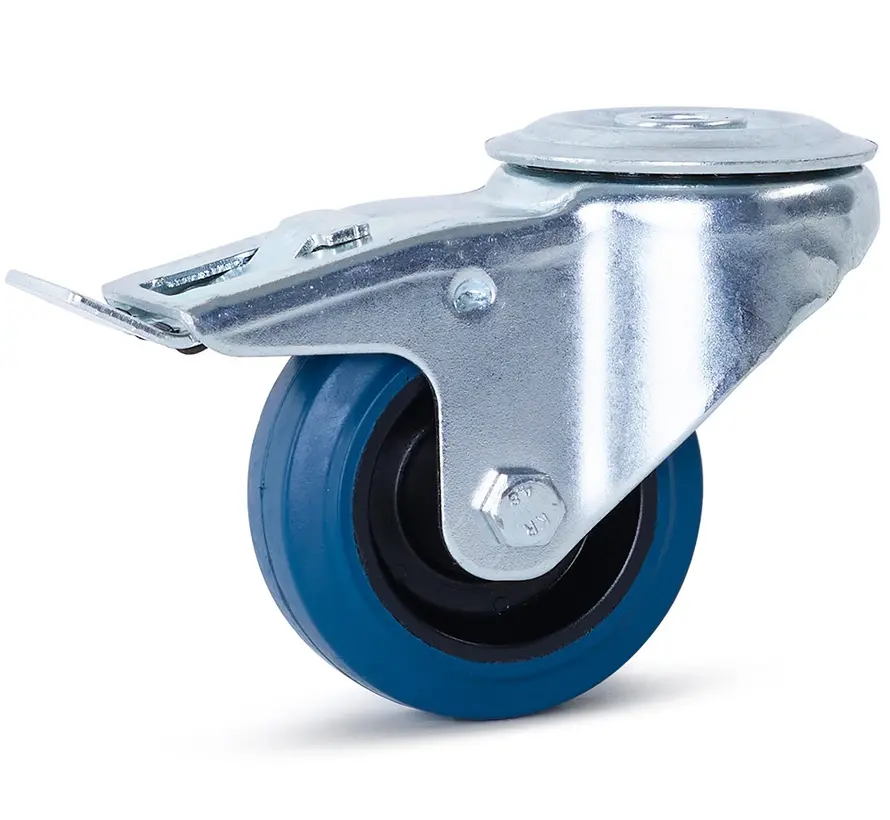 Blauw elastisch rubber zwenkwiel geremd met centraal gat - 80mm - 100kg