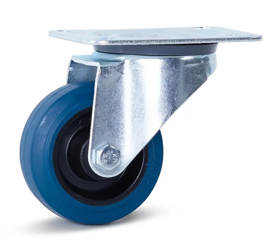 Blauw elastisch rubber zwenkwiel met topplaat - 80mm - 100kg