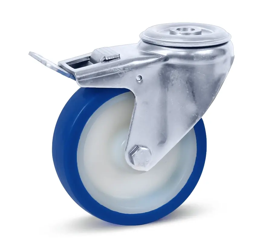 Blauw PU RVS zwenkwiel geremd met centraal gat - 100mm - 180kg
