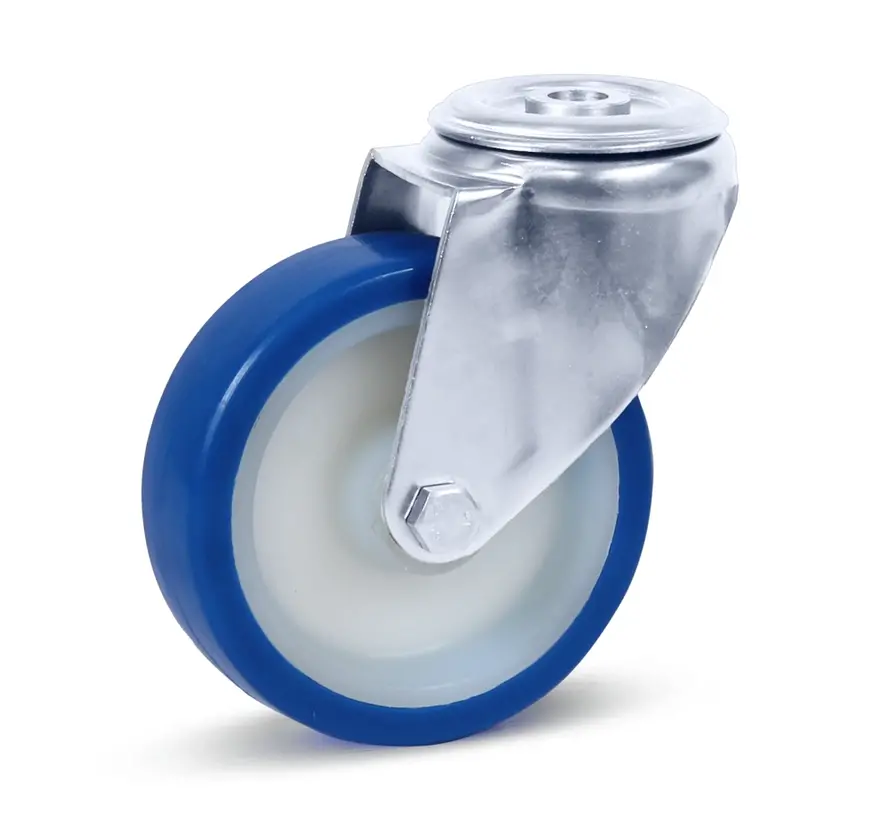 Blauw  PU RVS zwenkwiel  met centraal gat - 100mm - 180kg