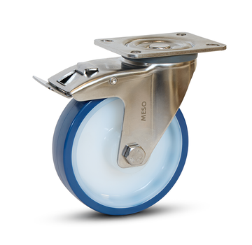MESO Blauw PU RVS zwenkwiel geremd met topplaat - 125mm - 220kg