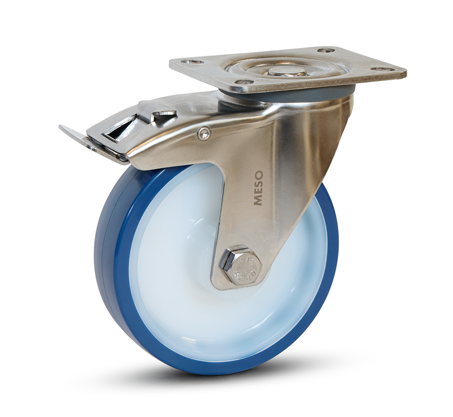 Blauw PU RVS zwenkwiel geremd met topplaat - 125mm - 220kg