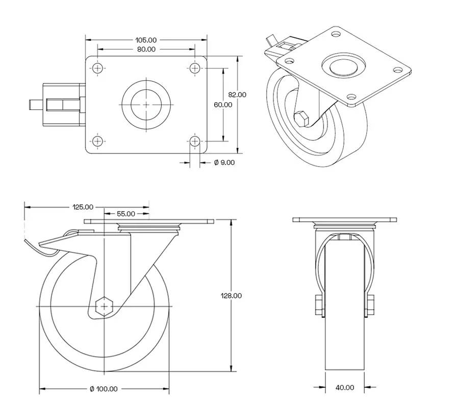 PU zwaarlast zwenkwiel geremd met topplaat - 100mm - 350kg