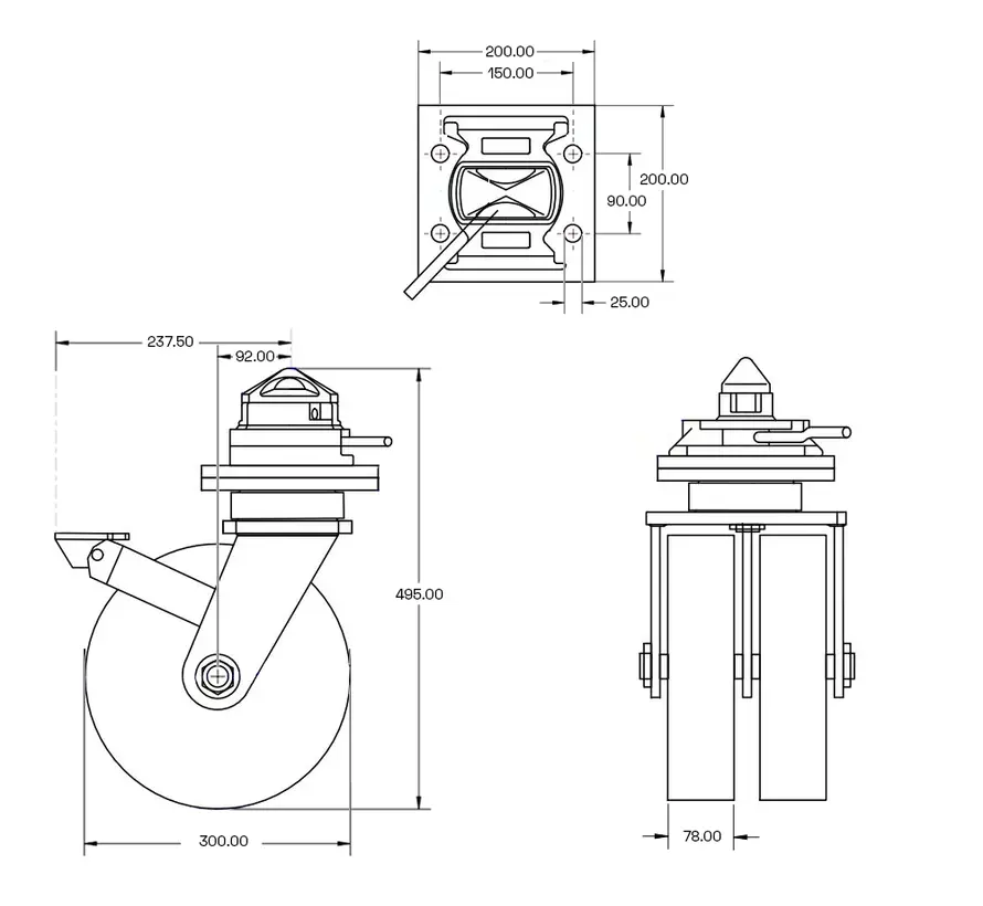 Geremd zeecontainer wiel met topplaat - ISO - 300mm - 4500kg
