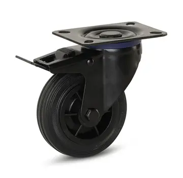 MESO Zwart rubber zwenkwiel geremd met topplaat - 100mm - 75kg - Phase out