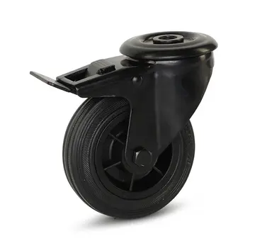 MESO Zwart rubber zwenkwiel geremd met centraal gat - 100mm - 75kg - Phase out