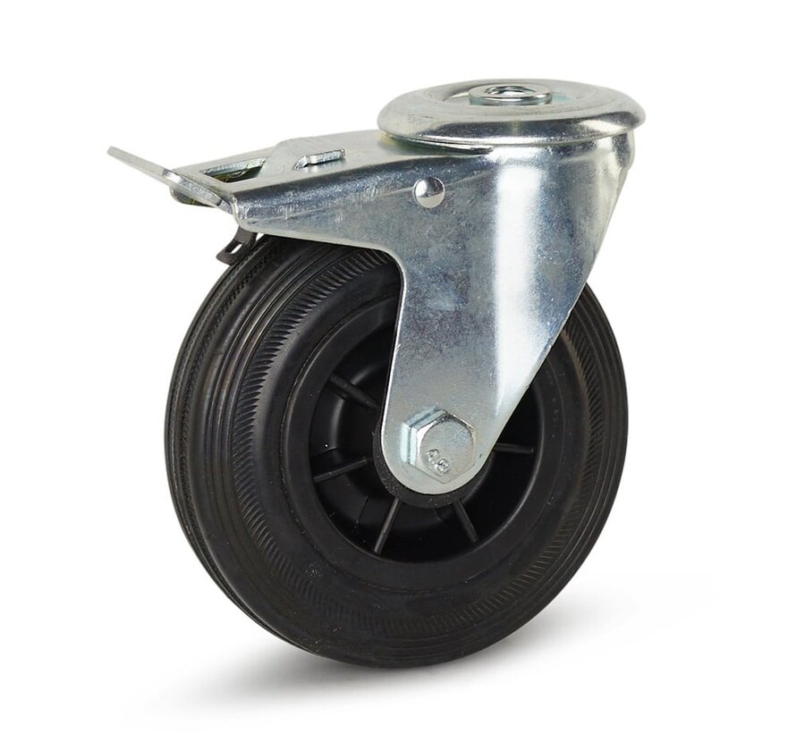Rubber swivel castor braked with central hole - 125mm - 120kg