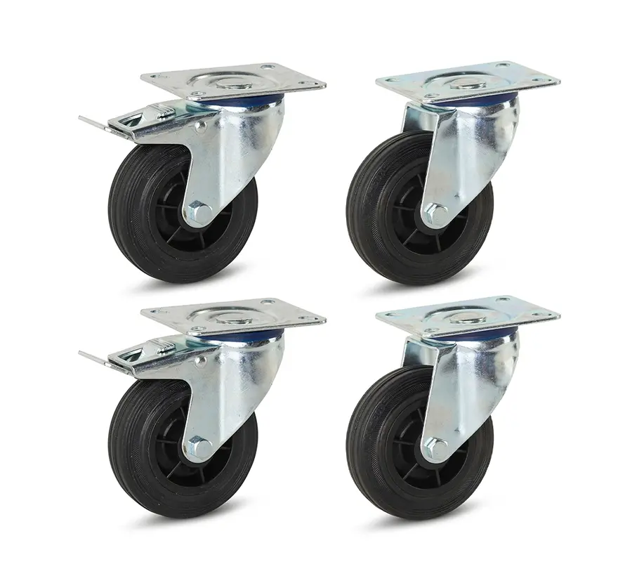 Set of 4 - Rubber swivel castors(2x) and braked swivel castors(2x) - 100mm - 75kg - Specifications per wheel