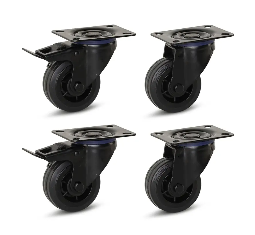 Set of 4 - Black rubber swivel castors(2x) and braked swivel castors(2x) - 80mm - 60kg - Specifications per wheel