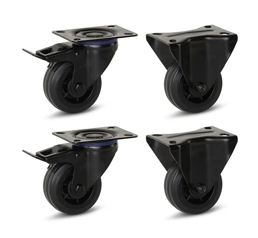 Set of 4 - Black rubber fixed castors(2x) and braked swivel castors(2x) - 80mm - 60kg - Specifications per wheel