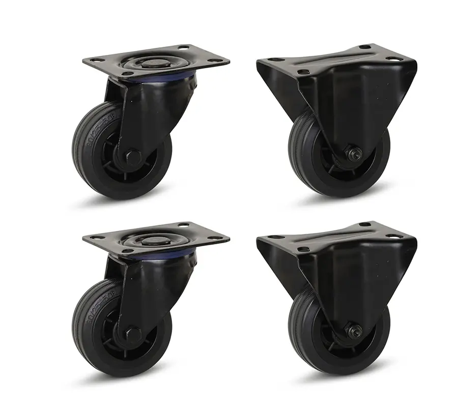 Set of 4 - Black rubber fixed and swivel castors(2x) - 80mm - 60kg - Specifications per wheel