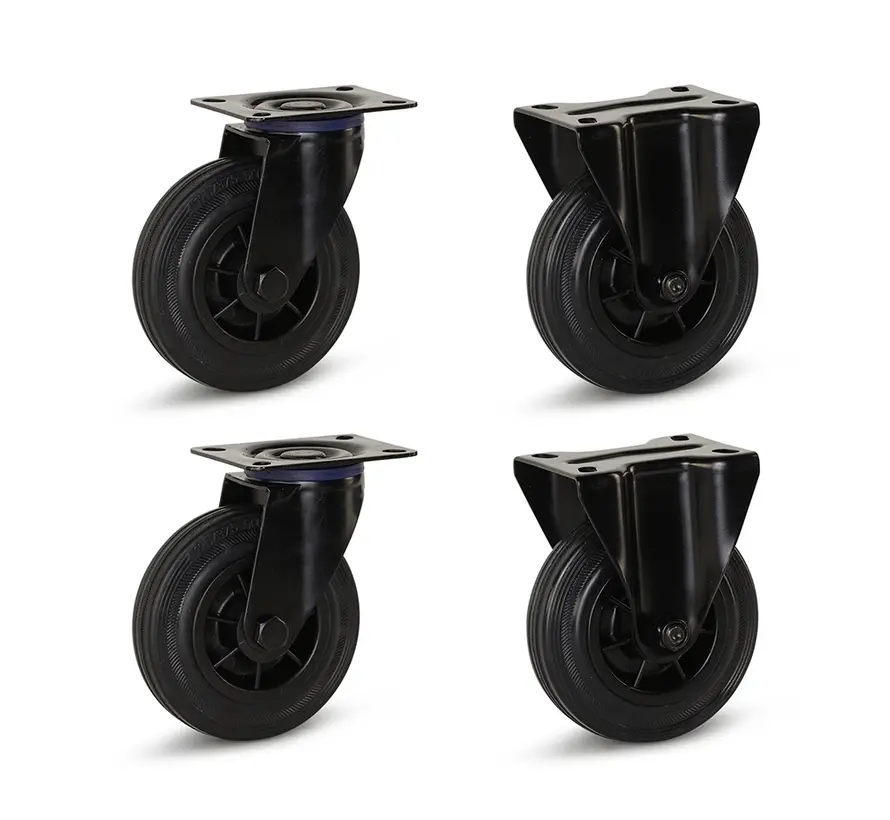 Set of 4 - Black rubber fixed and swivel castors(2x) - 125mm - 120kg - Specifications per wheel