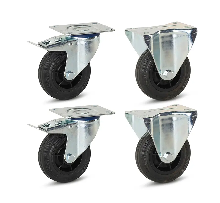 Set of 4 - Rubber fixed castors(2x) and braked swivel castors(2x) - 100mm -75kg - Specifications per wheel