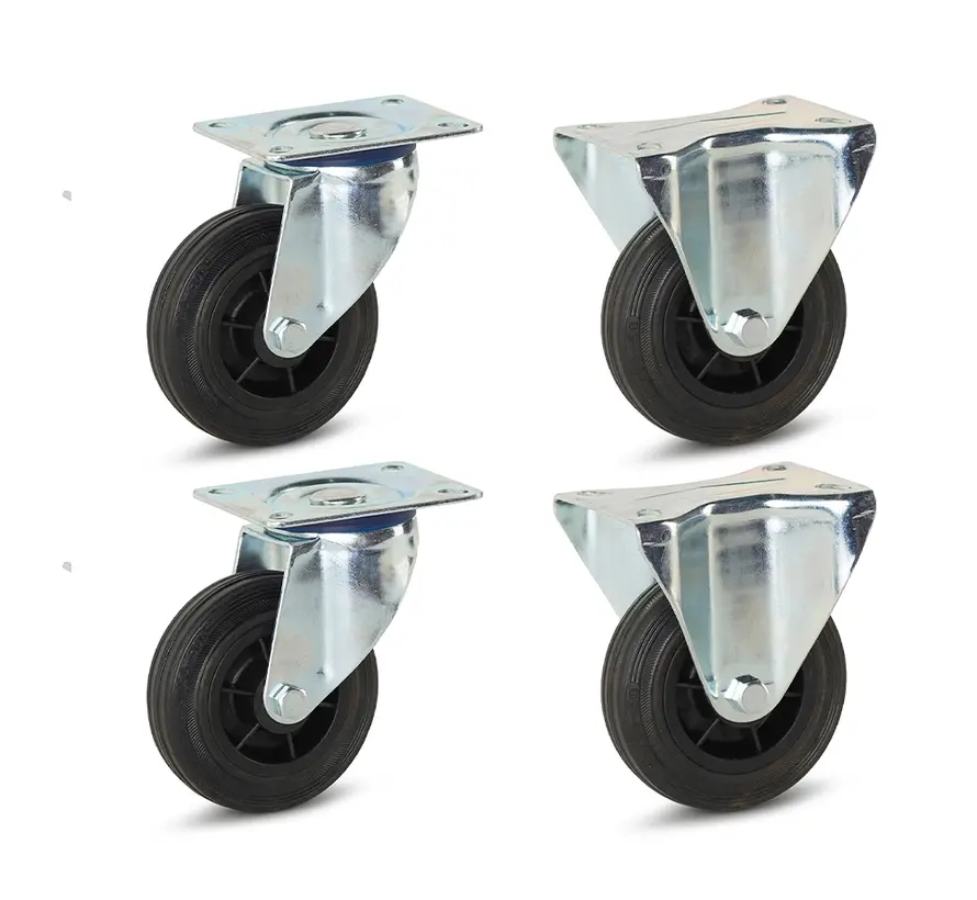 Set of 4 - Rubber fixed and swivel castors (2x) - 100mm - 75kg - Specifications per wheel