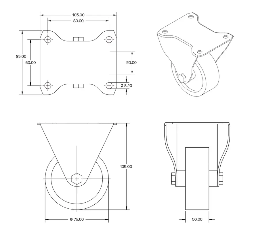 Black nylon heavy duty fixed castor - 75mm - 600kg