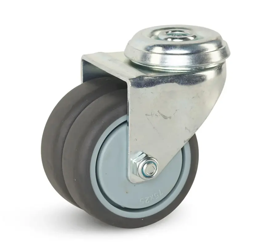 Double swivel castor with central hole - 75mm - 150kg - Bolt hole 10.2mm