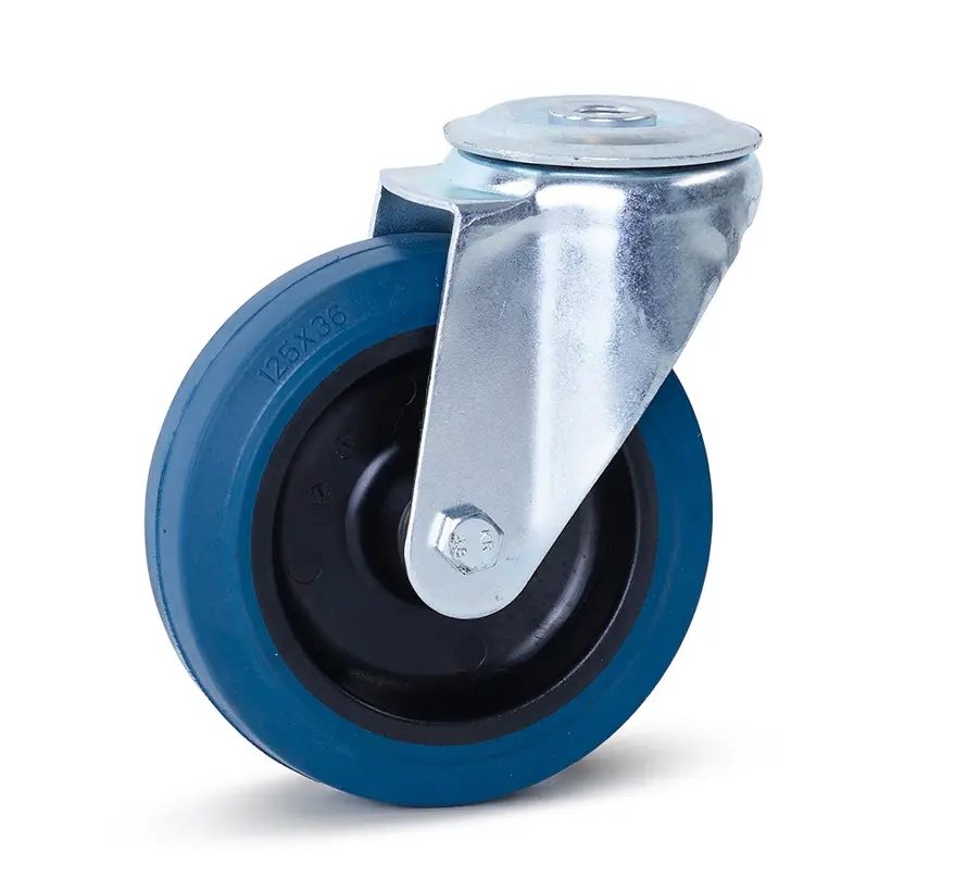 Blue elastic rubber swivel castor with central hole - 125mm - 180kg