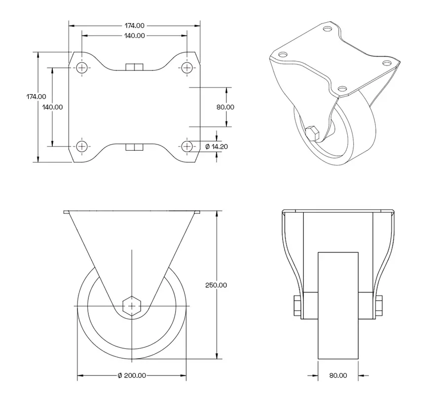 Wide rubber fixed castor - 200mm - RS2-B200