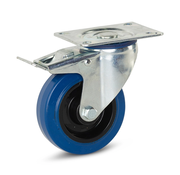 Blue elastic rubber swivel castor braked with top plate - 160mm