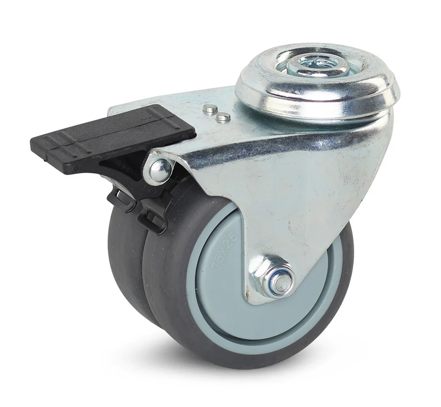Double swivel castor braked with central hole - 75mm - 100kg