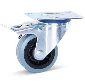 Grey rubber swivel castor braked with top plate - 80mm - 70kg - Non-marking