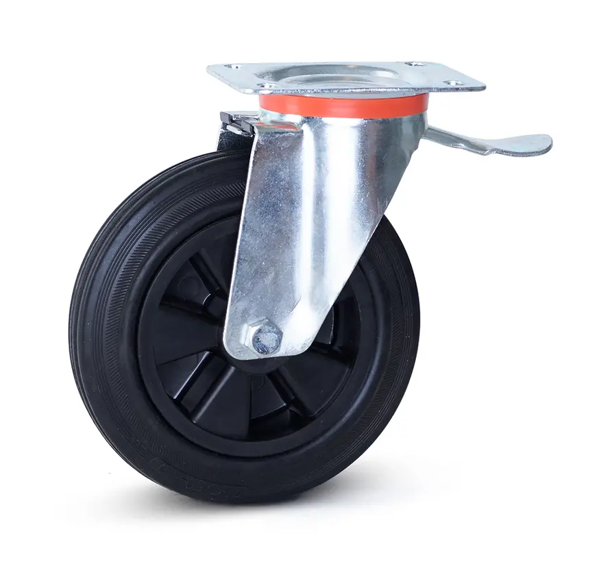 Rubber swivel castor braked with top plate - 200mm - 200kg