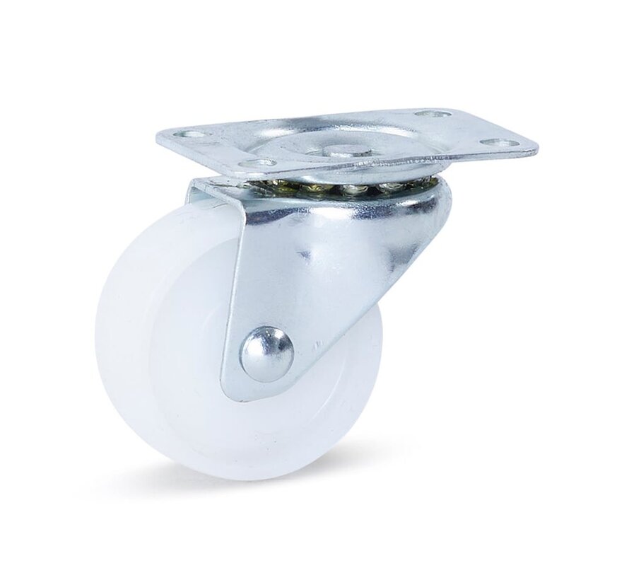 Small white PP swivel castor with top plate - 45mm - 35kg