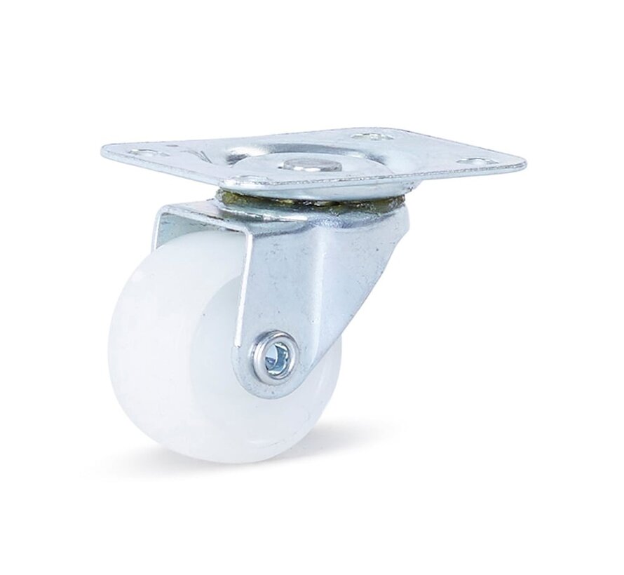 Small white PP swivel castor with top plate - 30mm - 20kg