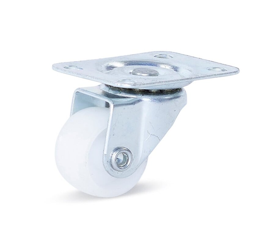 Small white PP swivel castor with top plate - 25mm -15kg