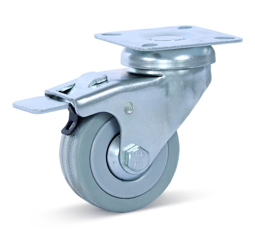 Grey rubber swivel castor braked with top plate- 50mm - 50kg