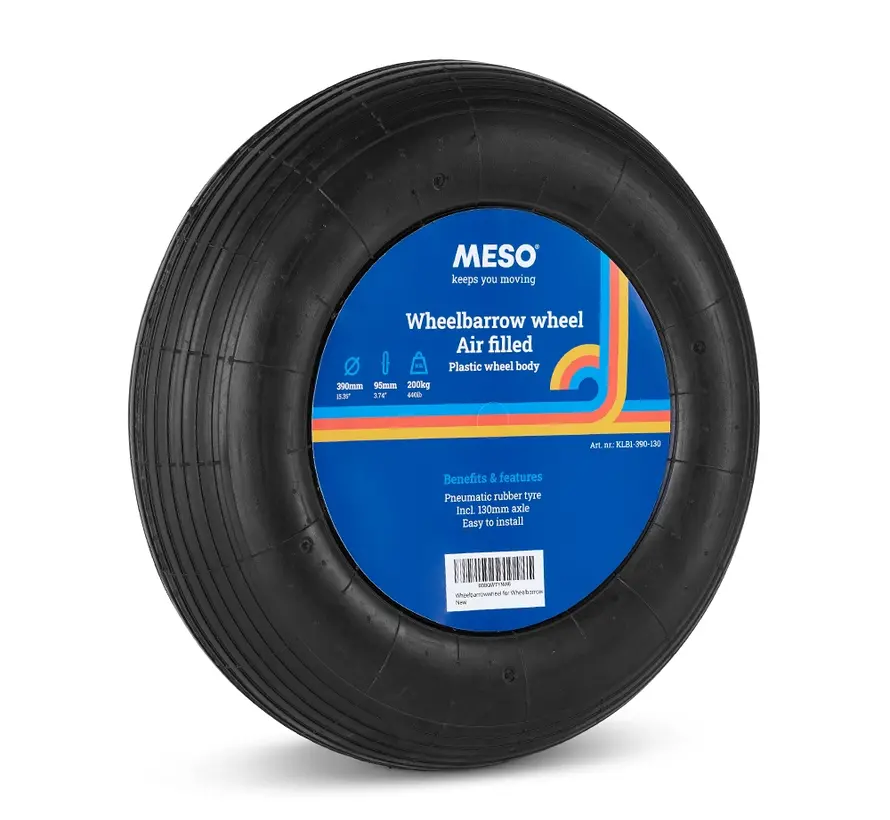 Wheelbarrow wheel Air tyre 390mm diameter, Load capacity 200kg, INCLUDING 130mm AS