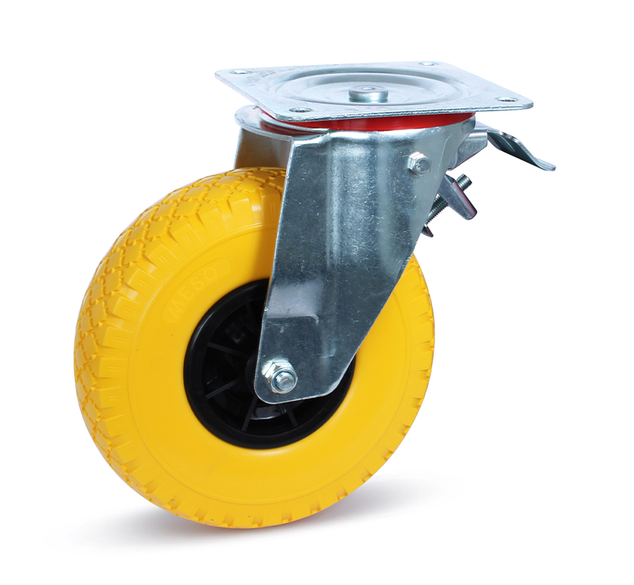 Braked swivel castor Anti-leak tyre - Large plate - Plastic rim - 260mm - 125kg