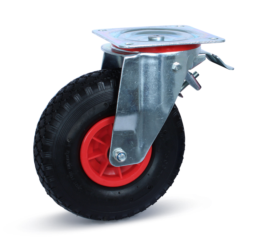 Braked swivel castor pneumatic tyre - Large plate - Plastic rim - 260mm - 125kg
