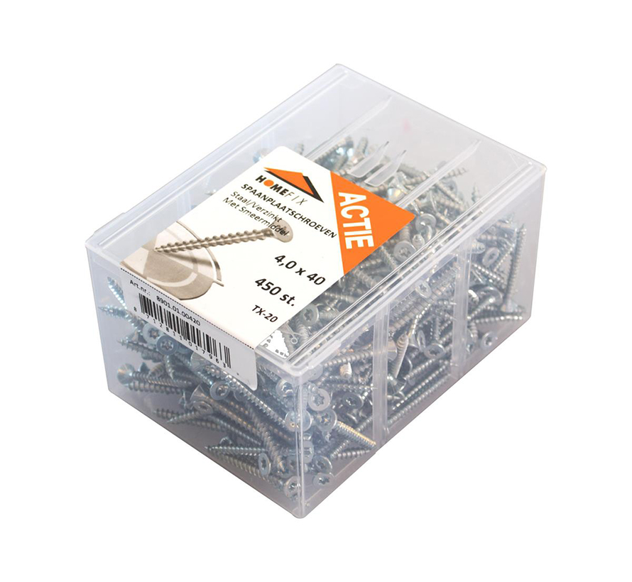 Chipboard screws - Torx 20 Flathead - 4 x 40mm - Partial thread - Zinc-plated - Tub (450 pieces)