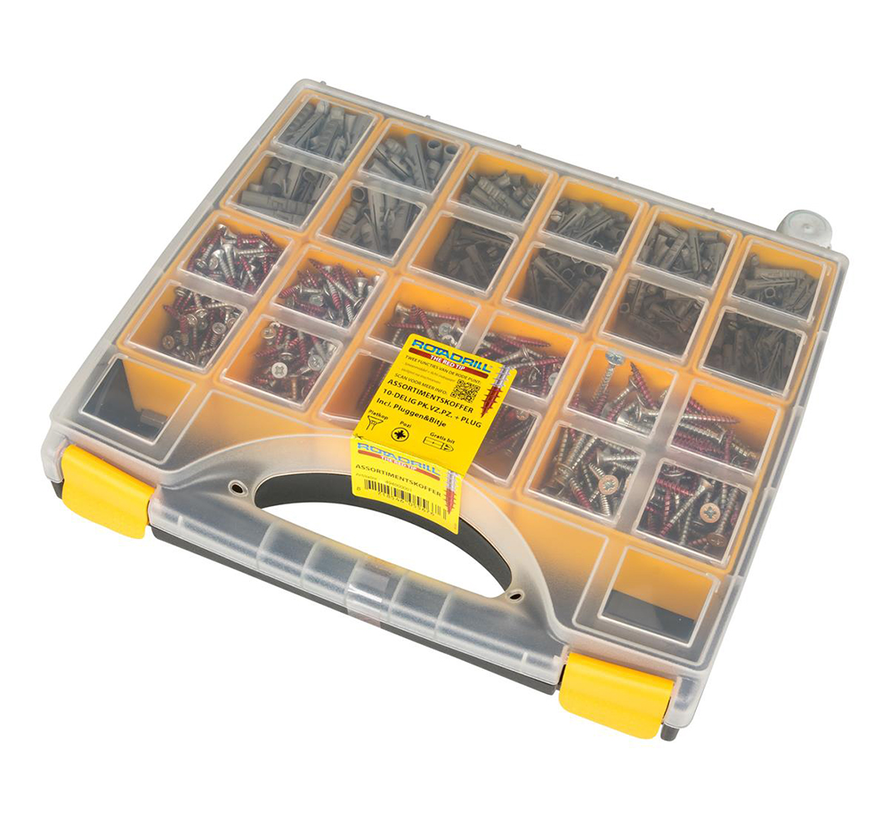 Rotadrill - Assortment case XL - Pozidrive with flat head plugs - Gold thread - Galvanised (12)