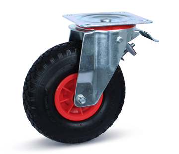 MESO Braked swivel castor pneumatic tyre - Large plate - Plastic rim - 260mm - 125kg