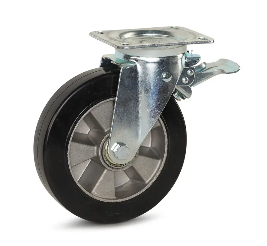 Waste container swivel castor braked with top plate - 200mm - 500kg